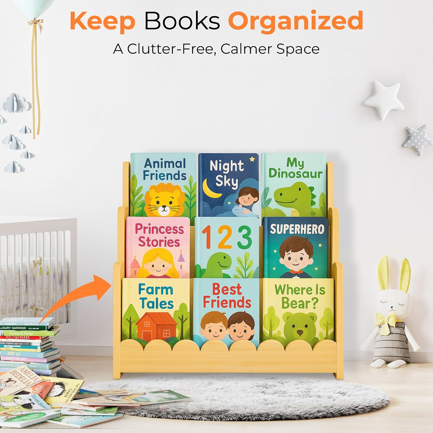 3-Tier Wooden Kids Bookshelf, Montessori Scalloped Bookcase Toddler Front Facing Book Display for Nursery, Baby Bookshelf Organizer for Kids Rooms, Playroom or Classroom