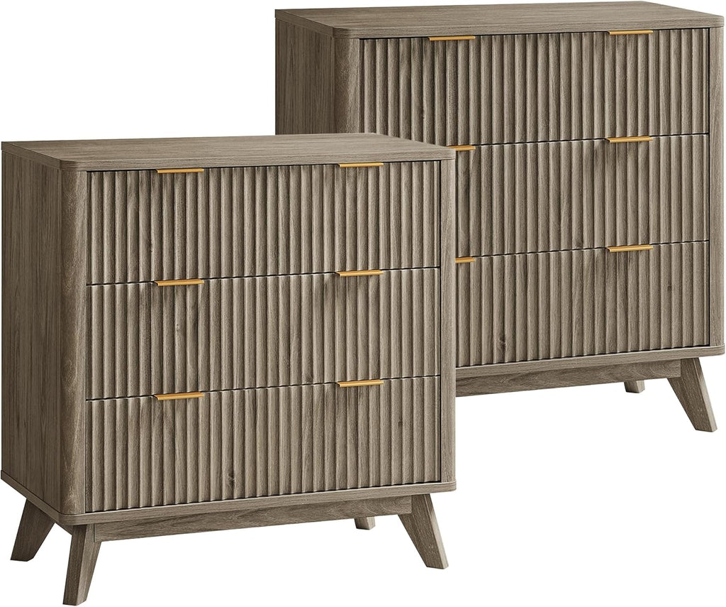T4TREAM Fluted 3 Drawers Nightstand Set of 2, Oversized Extra Large Modern Side Table, End Table Bedside for Bedroom, Living Room, Curved Profile Design, Grey Alder
