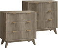 T4TREAM Fluted 3 Drawers Nightstand Set of 2, Oversized Extra Large Modern Side Table, End Table Bedside for Bedroom, Living Room, Curved Profile Design, Grey Alder