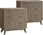 T4TREAM Fluted 3 Drawers Nightstand Set of 2, Oversized Extra Large Modern Side Table, End Table Bedside for Bedroom, Living Room, Curved Profile Design, Grey Alder