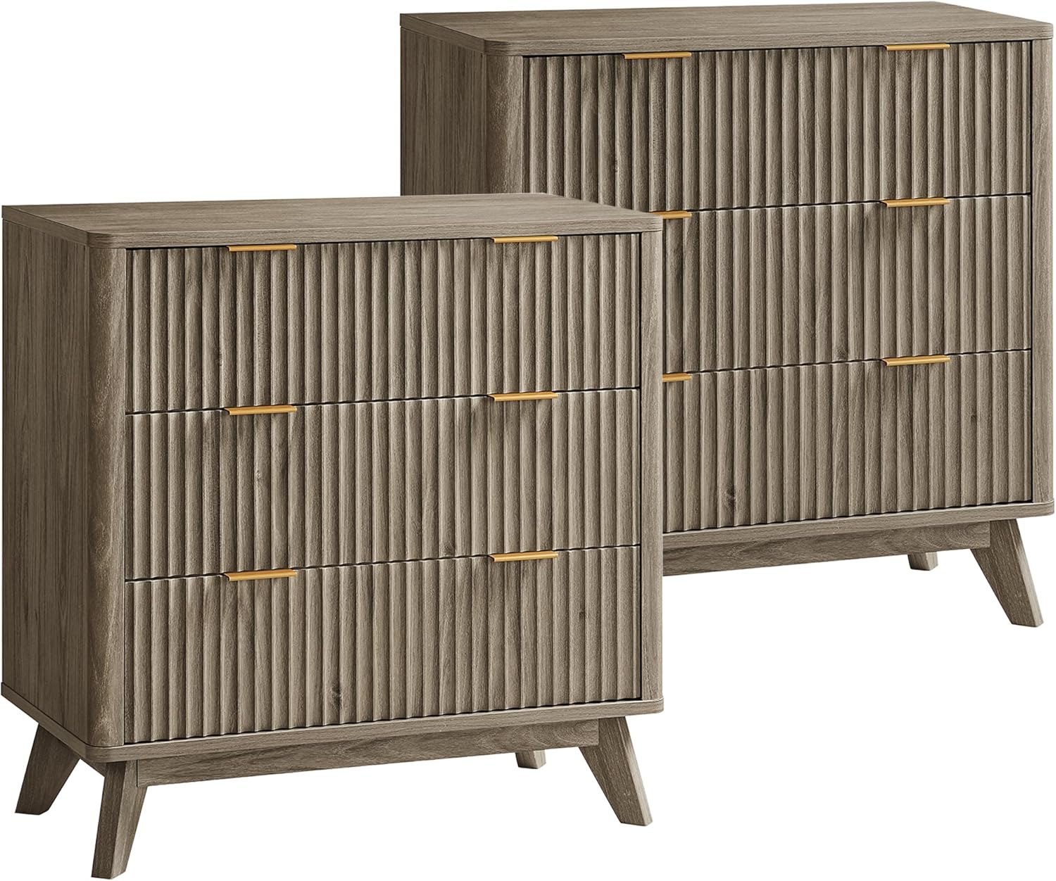 T4TREAM Fluted 3 Drawers Nightstand Set of 2, Oversized Extra Large Modern Side Table, End Table Bedside for Bedroom, Living Room, Curved Profile Design, Grey Alder