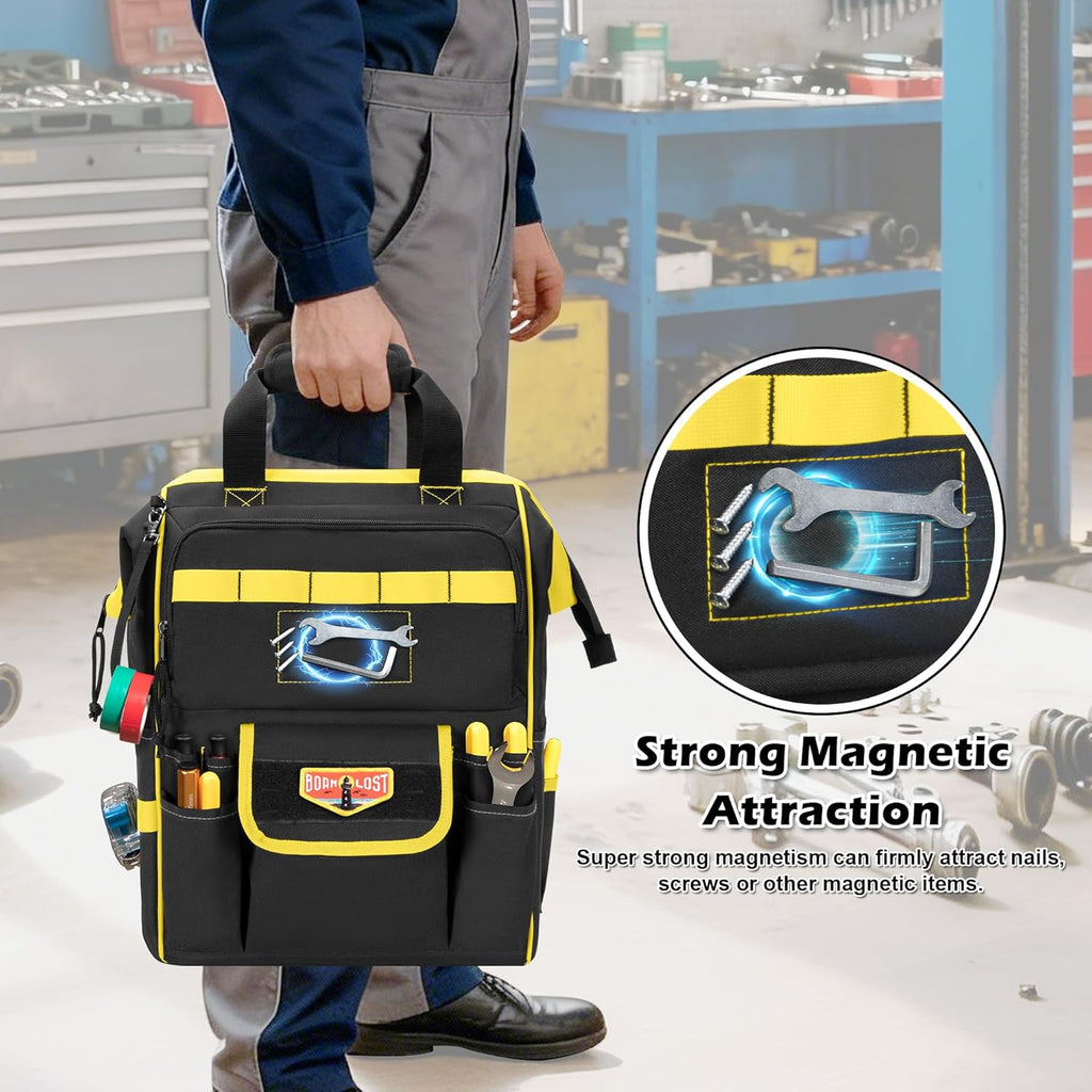 Tool Bag Backpack with Zipper Pouch and Magnetic Attraction Area, Heavy-Duty Tool Storage Organizer Bag, Tactical Work Tool Bag for Electrician, Repairman, HVAC Techs, Black