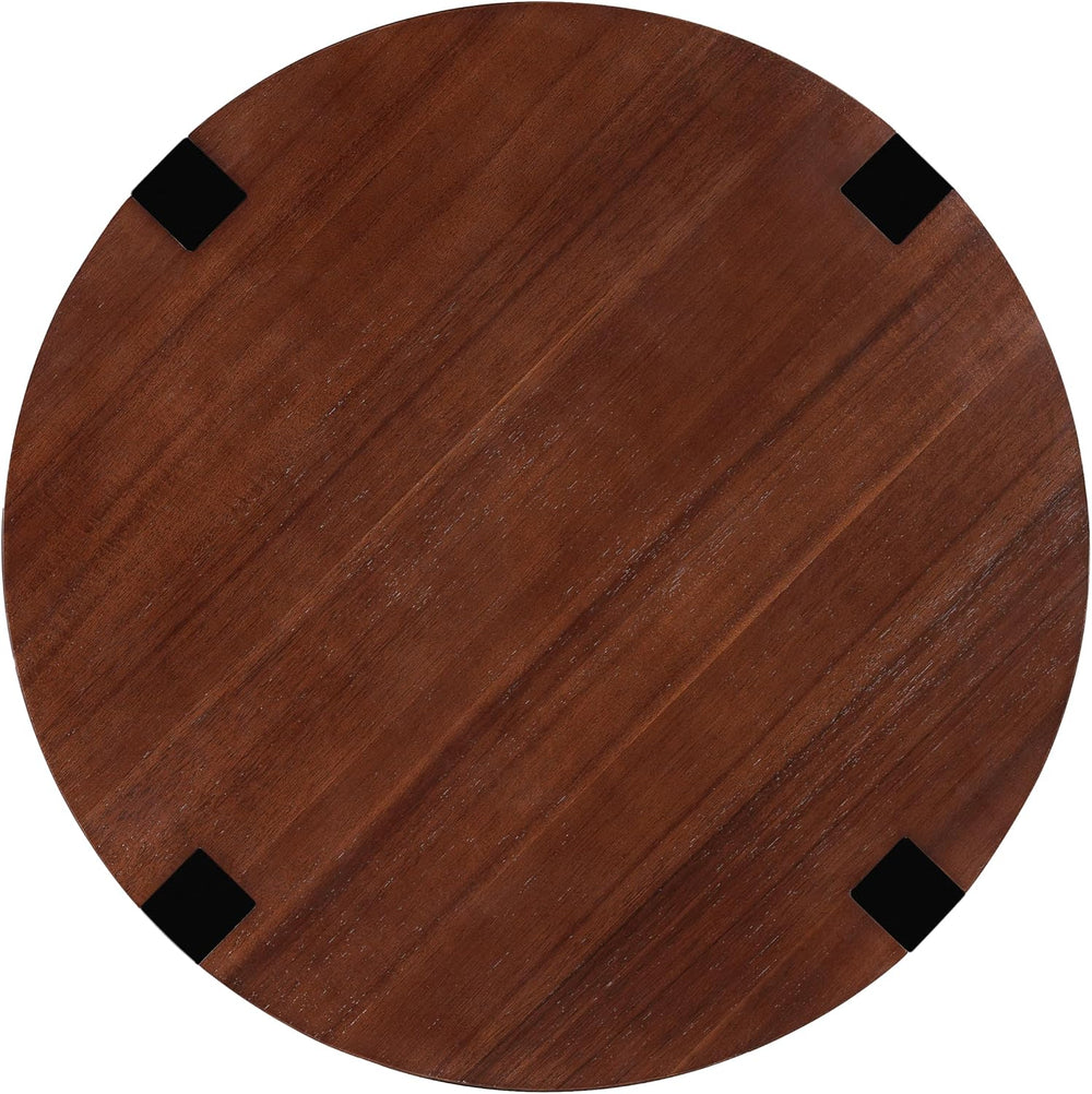 Round Wood Side End Table, Modern Industrial Accent Table with Curved Black M...