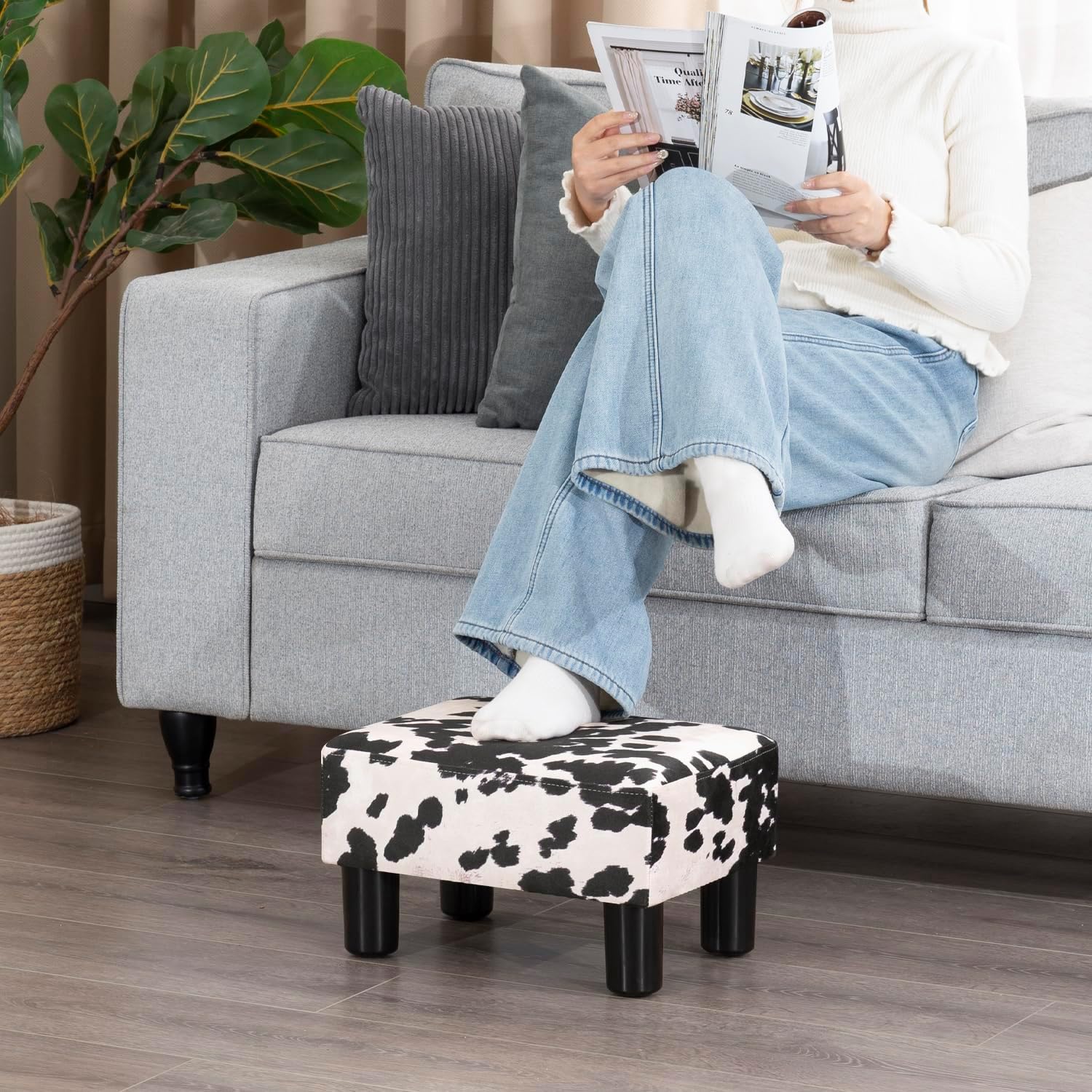 Adeco Small Cow Print Ottoman Foot Stool with Legs, Small Footstool, Fabric Seat with Thick Cushion, for Living Room, Bedroom, Entryway, 335 lb Weight Capacity