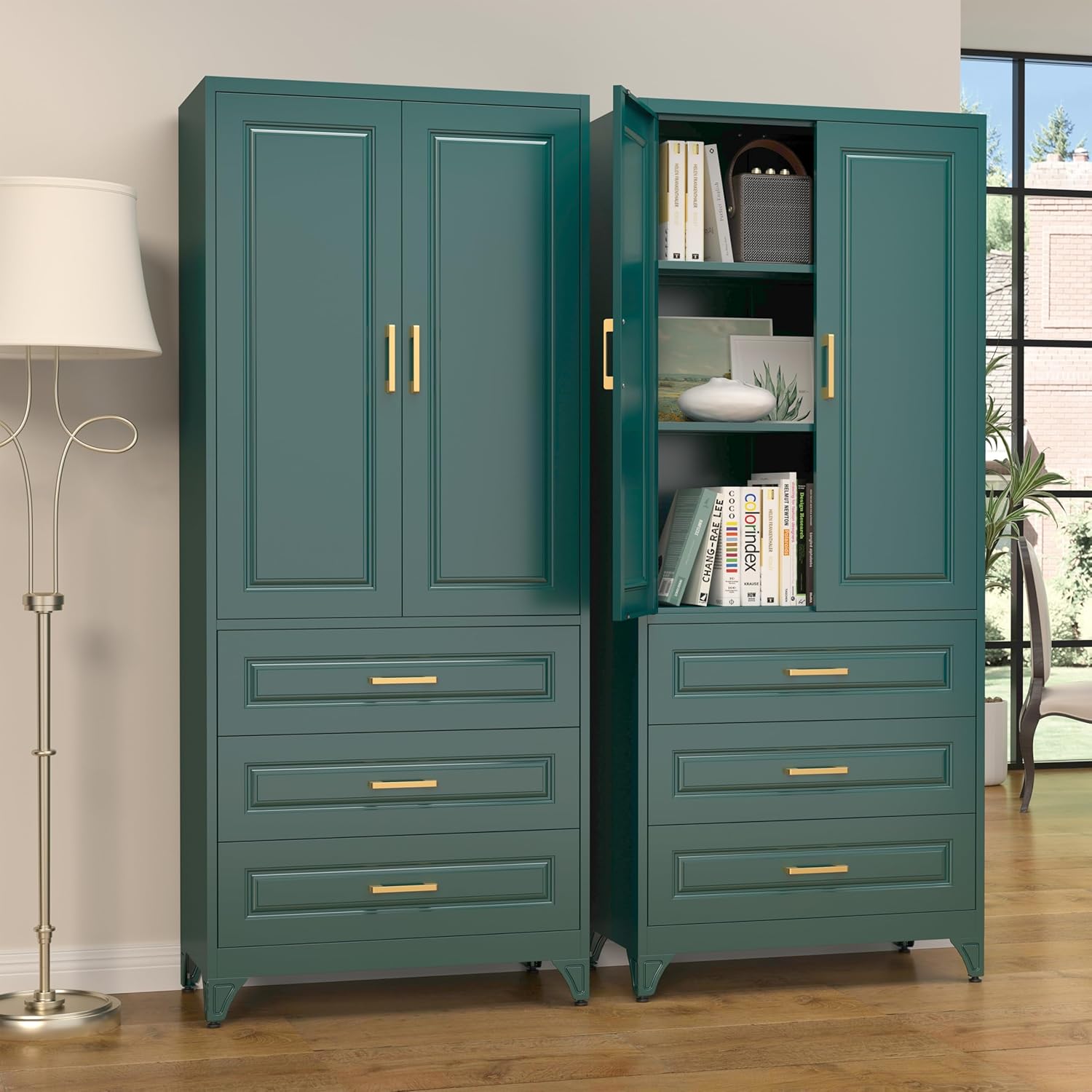 SteeLoong 75" Kitchen Pantry Cabinet with 3 Drawer,Metal Storage Cabinets with Doors and 2 Adjustable Shelves,Green Kitchen Cabinet with 2 Gold Handles,Food Cupboard for Livingroom,Pantry, Bathroom