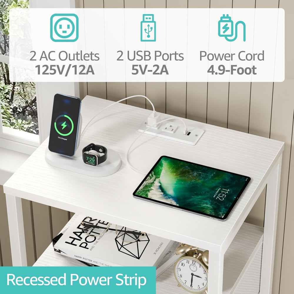 BOLUO White Nightstand with Charging Station, LED Night Stand with 2 Fabric D...