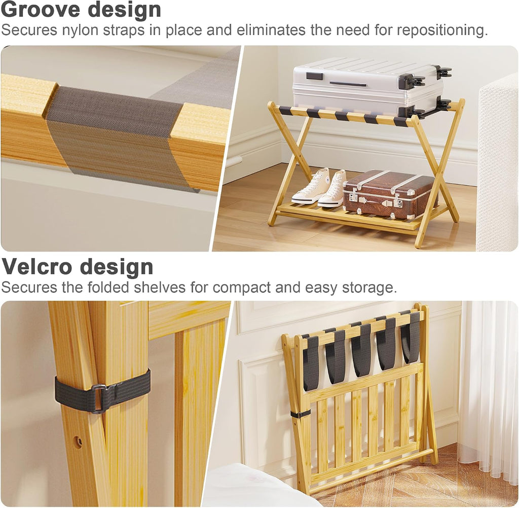 BAMBOOHOMIE Full Assembled Luggage Rack Set of 2, Bamboo Luggage Holder Rack for Guest Room, 26.77" L Folding Suitcase Stand with 5 Nylon Straps & Storage Shelf for Bedroom Hotel (2 Pack - Natural)