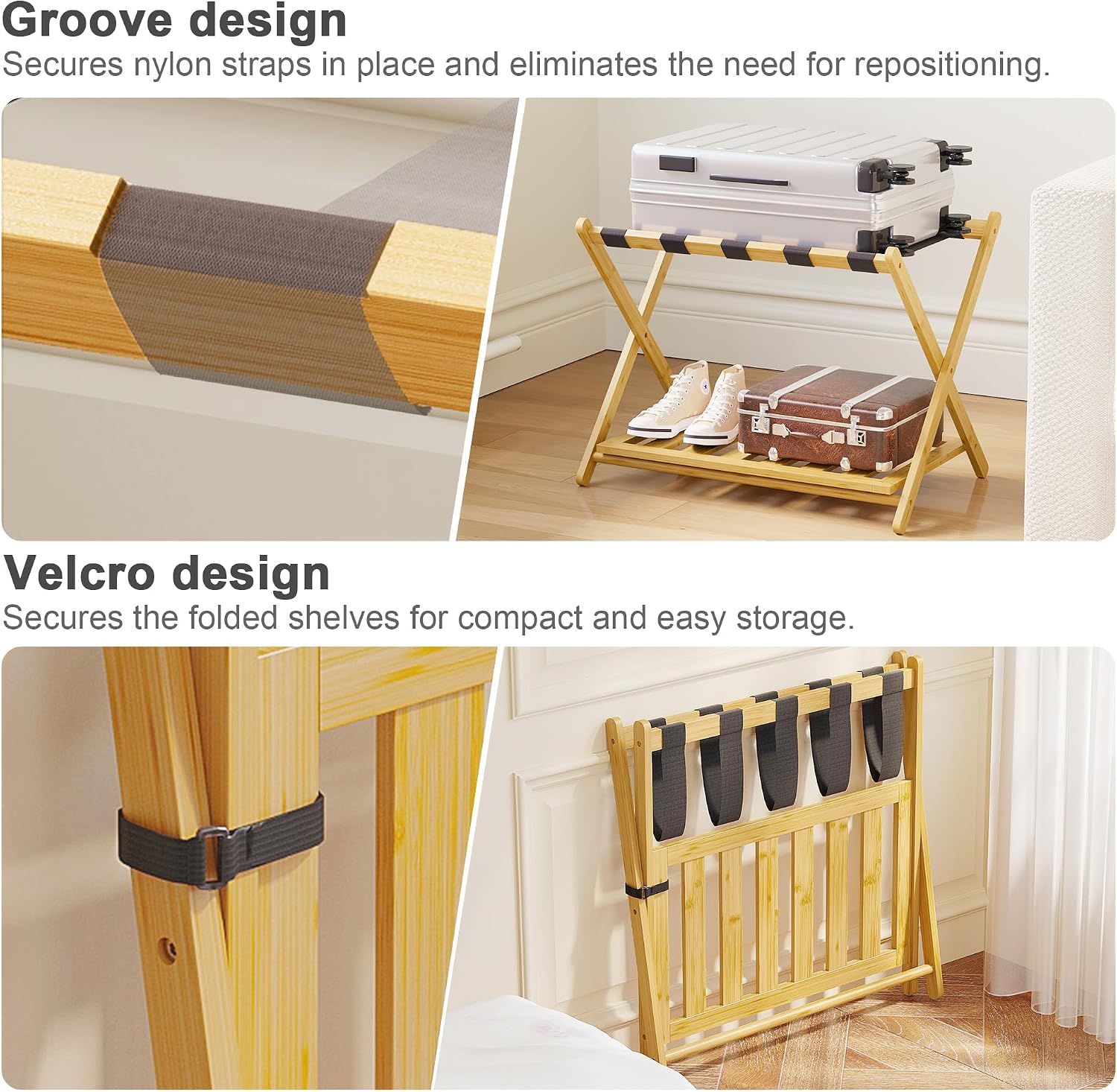 BAMBOOHOMIE Full Assembled Luggage Rack Set of 2, Bamboo Luggage Holder Rack for Guest Room, 26.77" L Folding Suitcase Stand with 5 Nylon Straps & Storage Shelf for Bedroom Hotel (2 Pack - Natural)