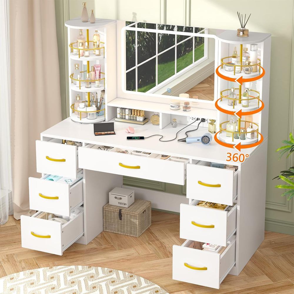 Vanity Desk with Mirror and Lights, 360° Rotating Shelves, 7 Drawers | White ...