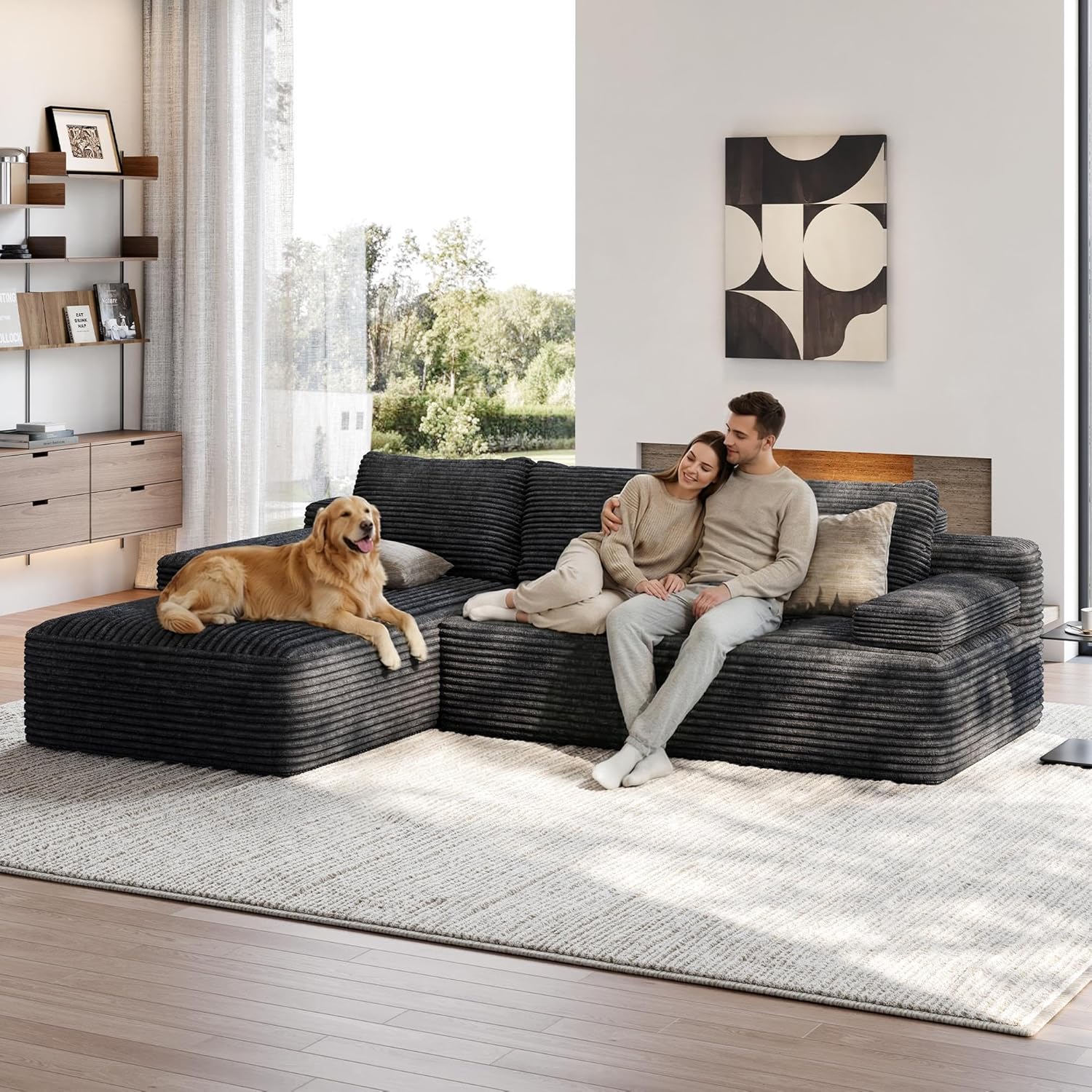 Yaheetech 110" Sectional Sofa Boneless Couch with Chaise, Dark Gray | Sectional Sofa Cloud Couch Corduroy Modular L-Shape Couch No Assembly Sofa with Detachable Pillow for Living Room Guest Room