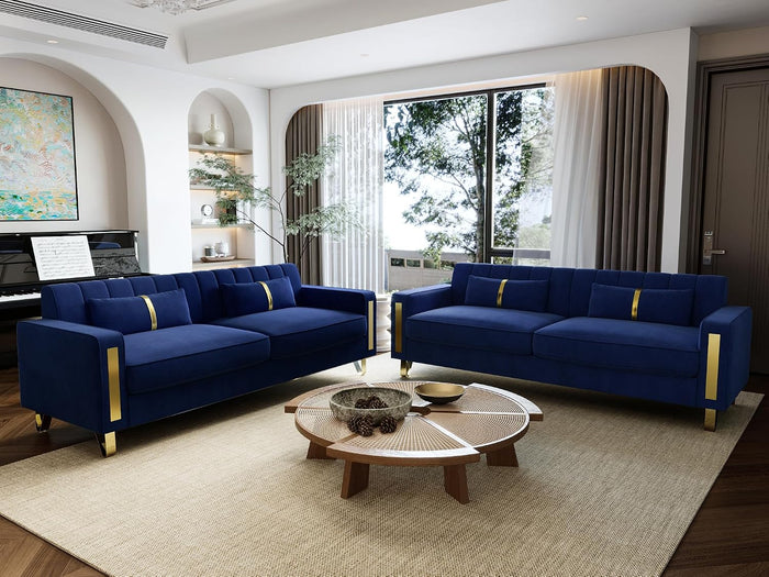 2-Piece Loveseat Couch Set for Living Room, 86" Blue 3-Seater Velvet Sofa Couch with 4 Pillows & Gold Metal Legs, Modern Upholstered Sofa Set Love Seat Sectional Couches for Apartment Home Office