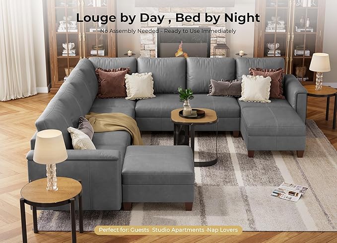 SITJOY 113" Faux Leather Modular Sectional Sofa with Storage, Mid Century Modern Sectional Couches for Living Room, Soft Padded Armrests, 9 Seat V Shaped Sectional Couch with Chaise, Gray