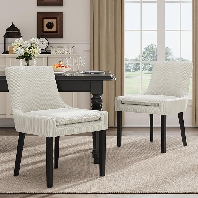 Dining Chairs Set of 2, Upholstered Corduroy Dining Room Chair with Wood Legs, Mid-Back Padded Kitchen Side Chairs for Dining Room, Beige