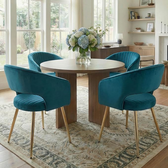 Teal Velvet Dining Chairs Gold Legs, Modern Dining Room Chairs with Arms Set of 4 Upholstered Accent Chair Armchair with Barrel Back for Kitchen Living Room