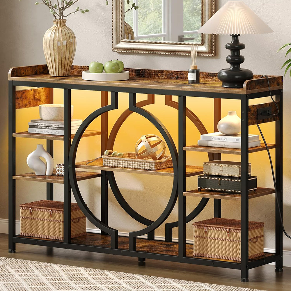 47.2 Inch Console Tables with Charging Station and LED Light, Rustic Brown