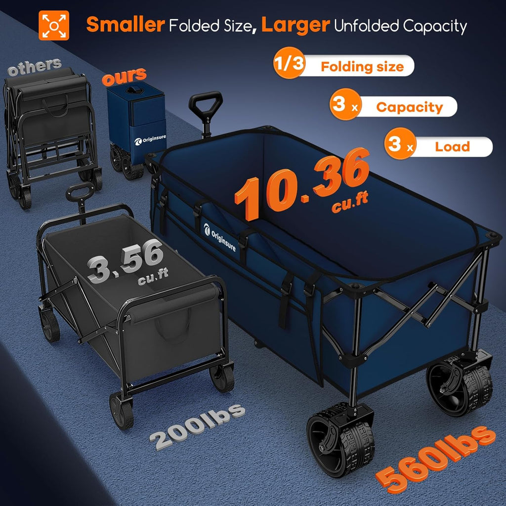 48" L Folding Beach Wagon Cart Foldable, 560lbs Weight Capacity 300L Heavy Duty Collapsible Wagons with Big All-Terrain Wheels, Utility Carts for Groceries, Shopping, Camping, Sports - Blue