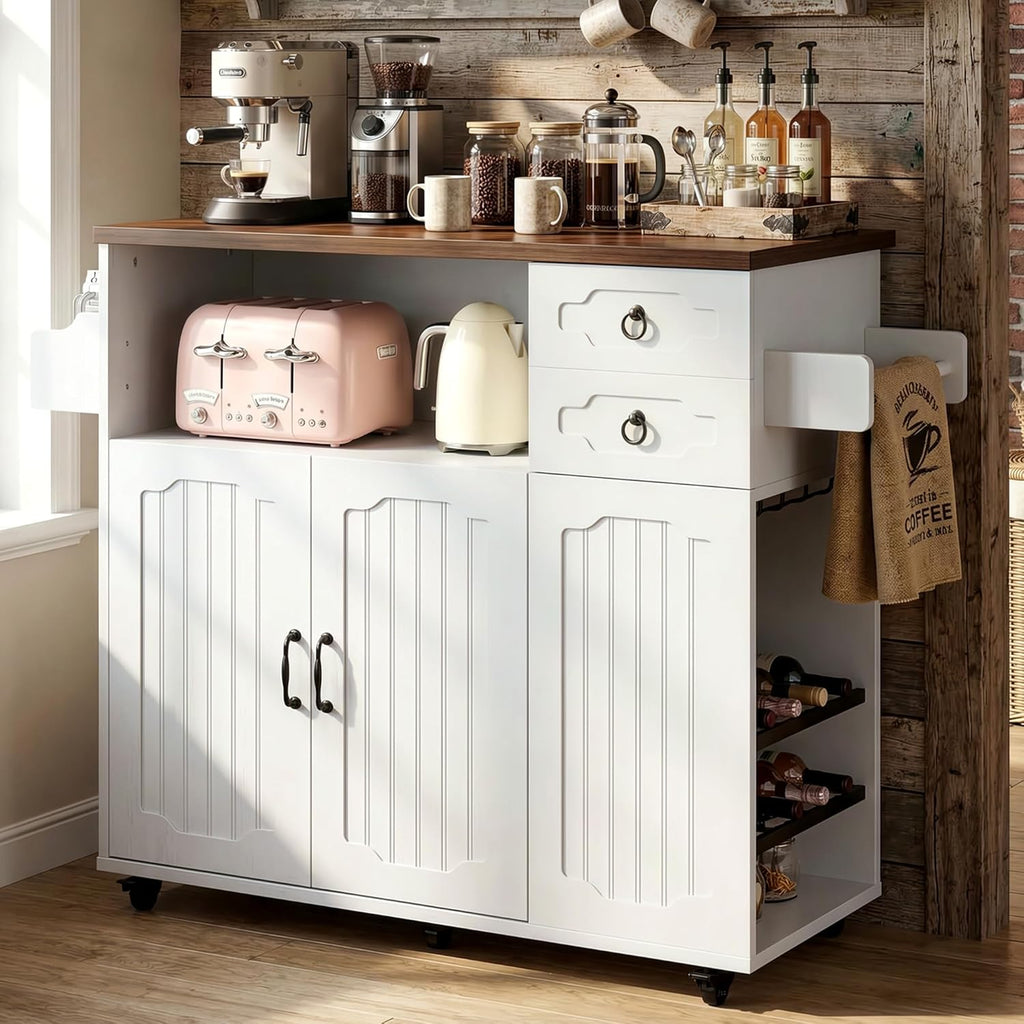 LIKIMIO Kitchen Island with Power Outlet & USB Charging, Rolling Island on Wheels with Drop Leaf, Farmhouse Kitchen Island Cart with Spice Rack, Wine Rack & Glass Holder for Small Kitchen, White