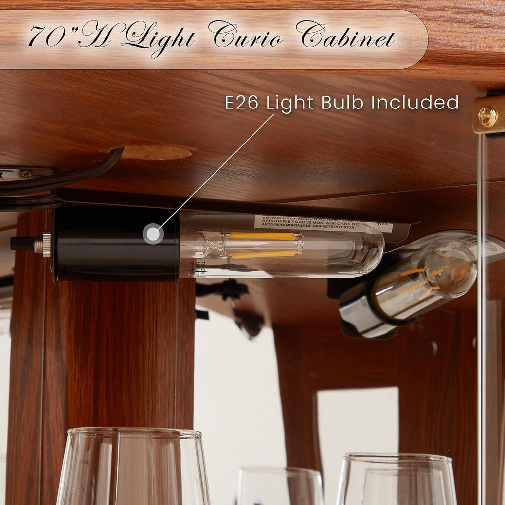 Corner Curio Cabinet, 70" H Lighted Glass Display Cage with Tempered Glass Doors and Adjustable Shelves, Bulb Inclued, Wine Bar China Cabinet for Living Room Liquor Storage (Dark Oak)