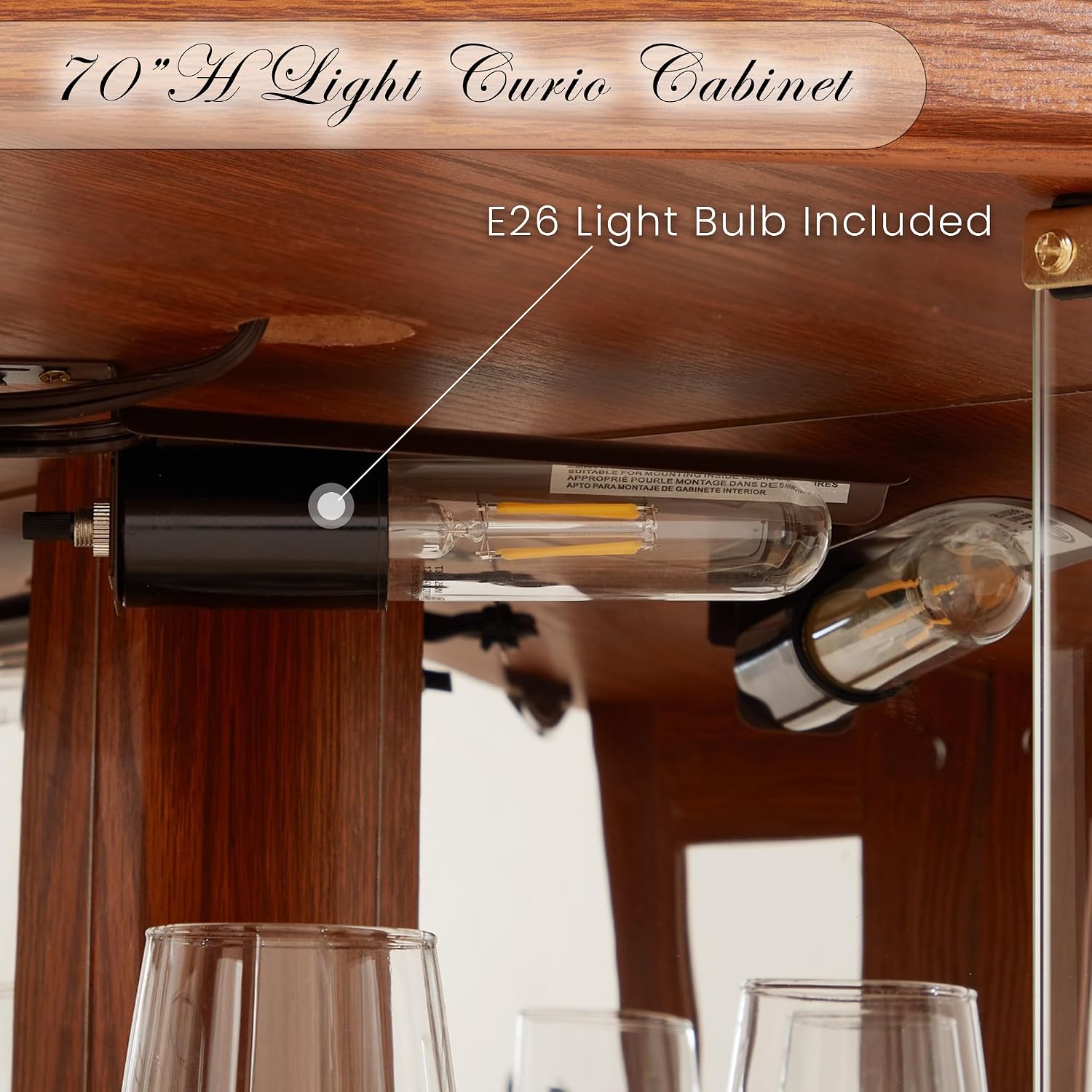 Corner Curio Cabinet, 70" H Lighted Glass Display Cage with Tempered Glass Doors and Adjustable Shelves, Bulb Inclued, Wine Bar China Cabinet for Living Room Liquor Storage (Dark Oak)