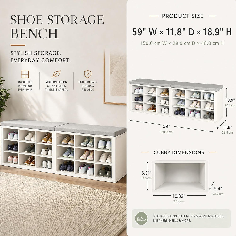 Shoe Storage Bench with Padded Seat, 18-Cubby Shoe Organizer for Entryway, 59...