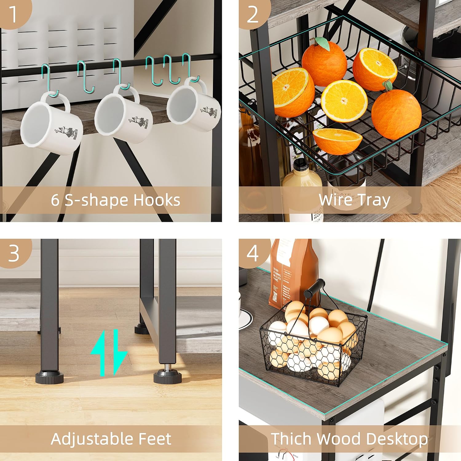 35.4 inch Kitchen Bakers Rack with Power Outlet, Coffee Bar Table & Microwave Oven Stand, Storage Shelf Rack with Wire Basket & 6 S-shaped Hooks for Spices, Pots and Pans - Grey