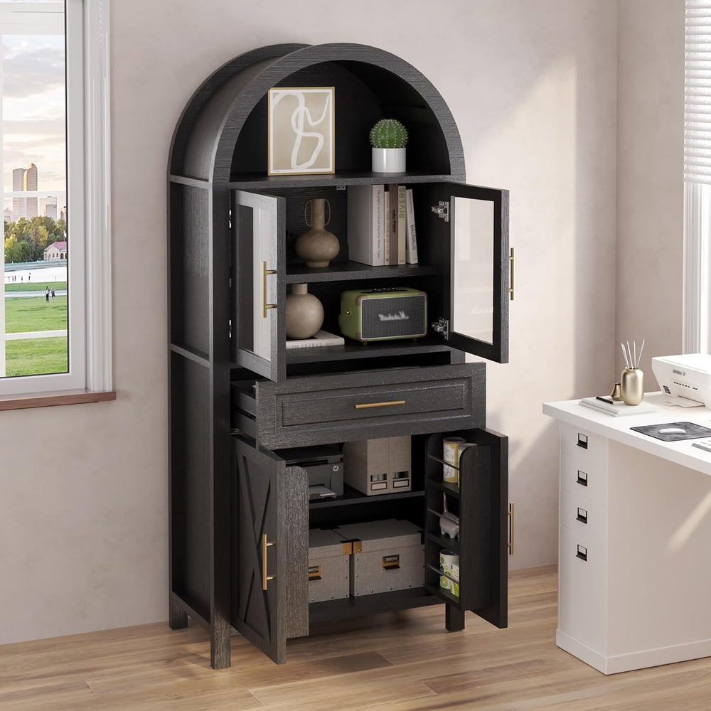 CIATRE 71" Tall Farmhouse Pantry Cabinet with Glass Barn Door, Arched Ki...