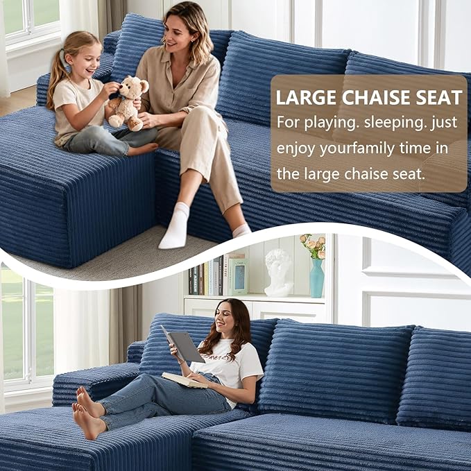 96.1" Modular Sectional Sofa Couches L-Shape Couch 3 Seat Modular Sofa Corduroy Memory Foam Sectional Boneless Couches for Living Room, Cloud Couch with Oversized Chaise(Blue, Left Facing)