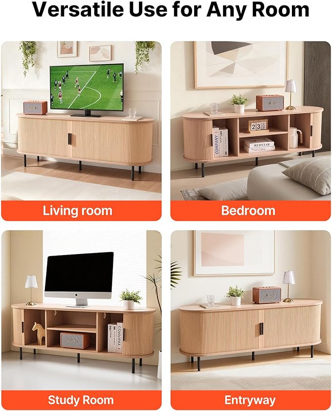 VEVOR Fluted TV Stand for TVs up to 65 inch, Mid-Century Modern Entertainment Center, Media Console with Storage Cabinet and Sliding Tambour Door, Boho Television Stand for Living Room, Bedroom, Oak