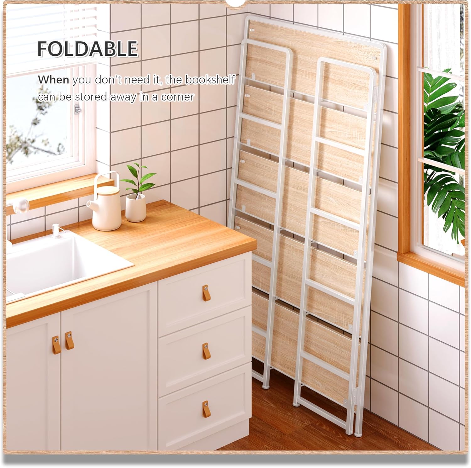 4NM No Assembly Extra Wide 5 Tiers Folding Bookshelf Storage Shelves Vintage Bookcase Standing Racks Study Organizer Home Office (Natural White)