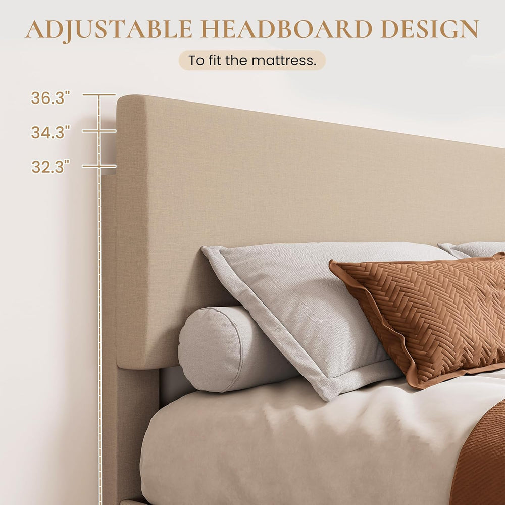 SHA CERLIN Linen Upholstered Queen Size Bed Frame with Headboard, Beige