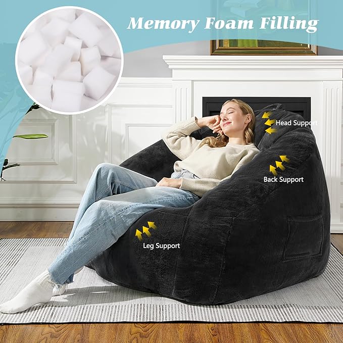 Giant Plush Bean Bag Chair for Adults with Armrests, BeanBag Couch Filler with Memory Foam, Faux Fur Comfy Bean Bag Chair, Anti-Slip Accent Chair Gaming and Reading, Black