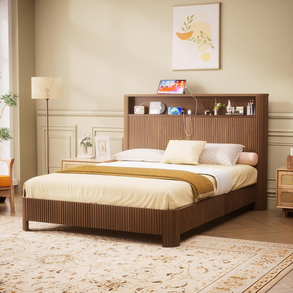 Peanu Queen Bed Frame, Wave Headboard, Charging Station Walnut