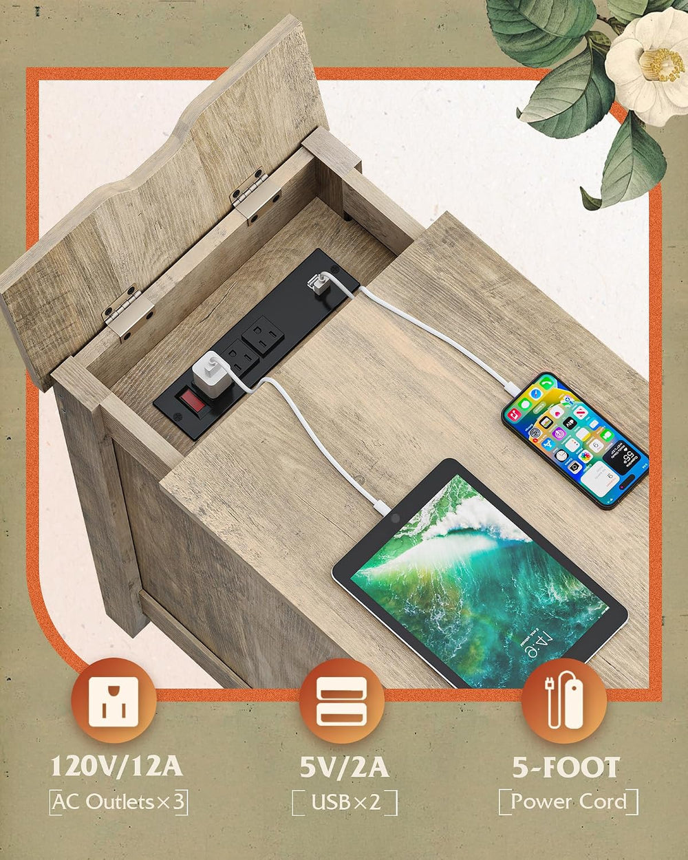 WLIVE End Table with Charging Station, Narrow Side Table for Living Room, Far...