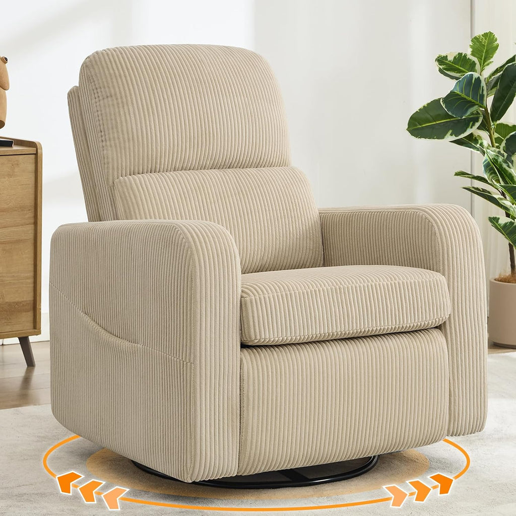 Swivel Rocker Recliner, Oversized Manual Nursery Glider Rocking Recliner Chair with Removable Cushion, Upholstered Corduroy Swivel Reclining Chair for Nursery Living Room Bedroom, Camel