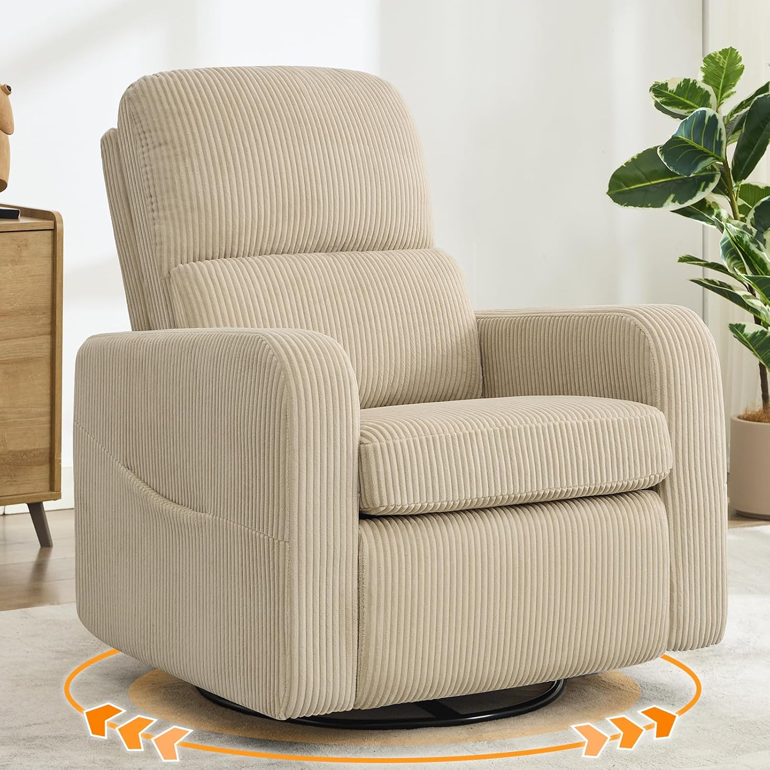 Swivel Rocker Recliner, Oversized Manual Nursery Glider Rocking Recliner Chair with Removable Cushion, Upholstered Corduroy Swivel Reclining Chair for Nursery Living Room Bedroom, Camel