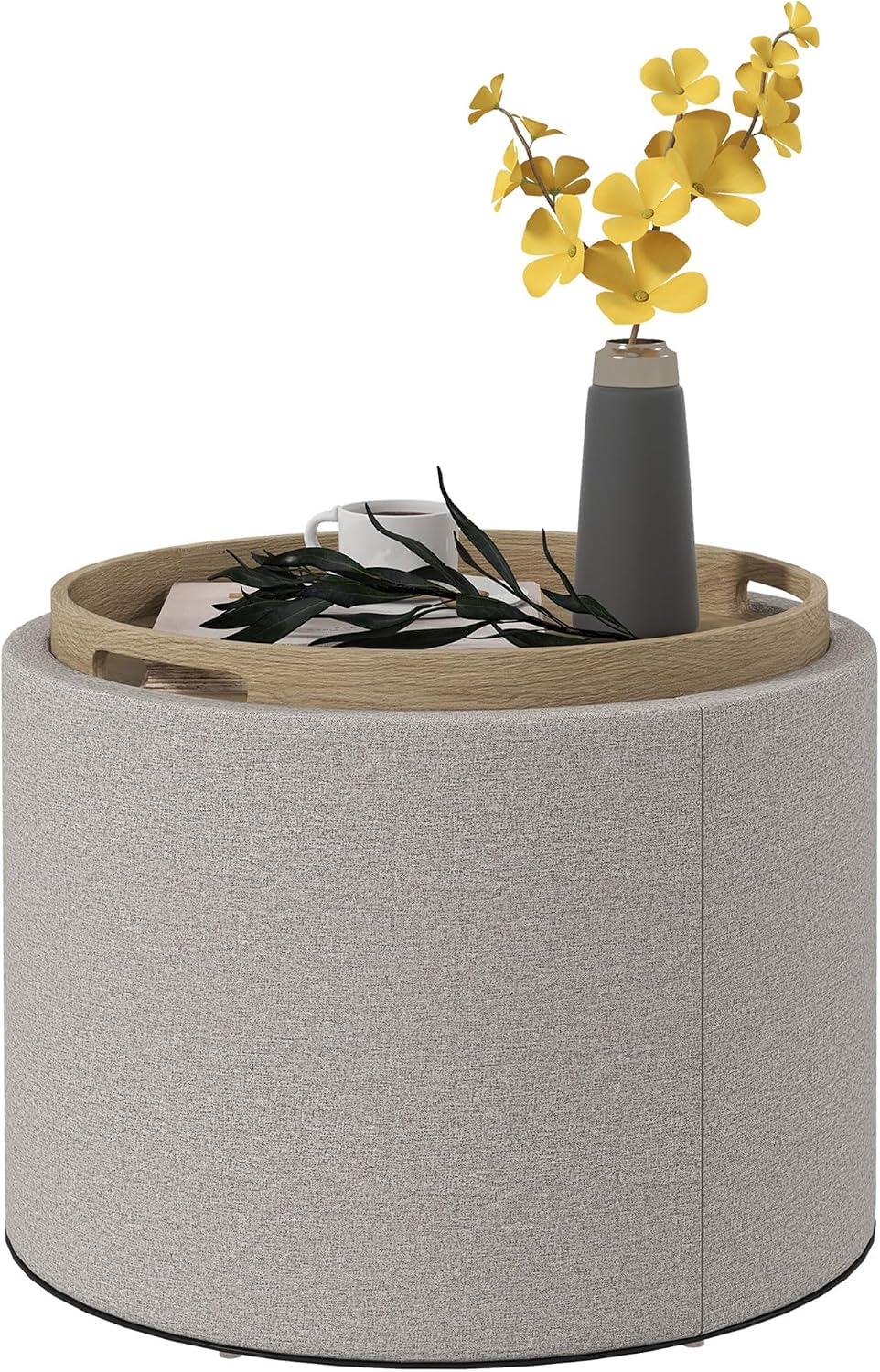 HOMCOM Round Storage Ottoman with Flip Top Tray, Footstool, Light Gray | Upho...