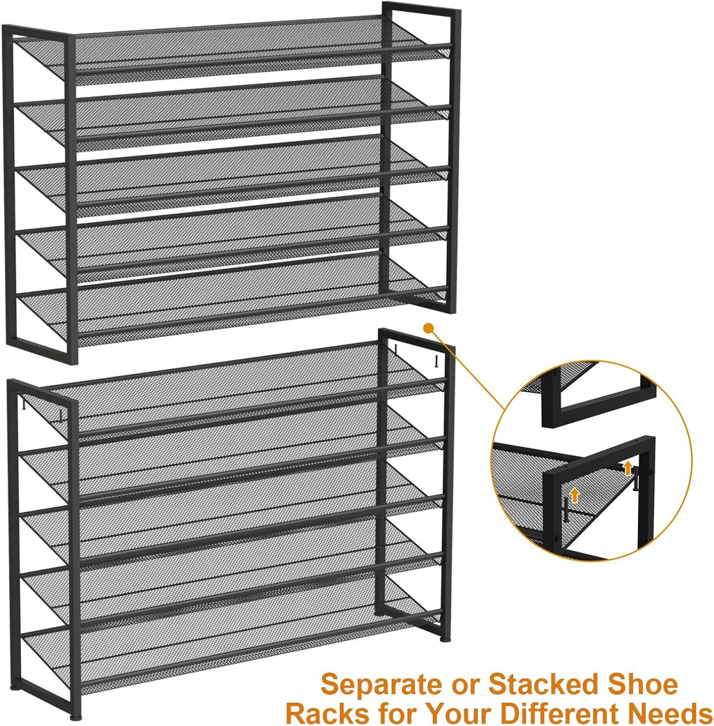 Large Shoe Rack 10 Tier Shoe Organizer, Heavy Duty Metal 5-Tier Stackable Shoe Storage Vertical Shoe Rack for Closet Front Door Entrance, Up to 62 Pairs, 44.8" W x 11.4" D x 71.2" H, Black