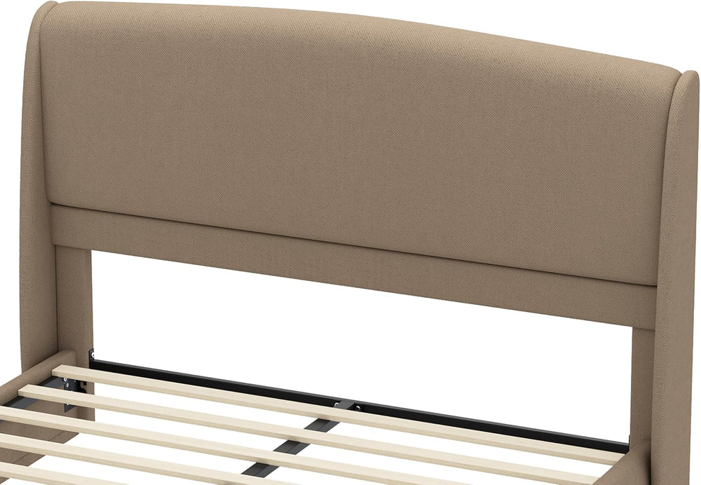 Queen Size Wooden Platform Bed, Upholstered Low Profile Linen Fabric Bed Fram...