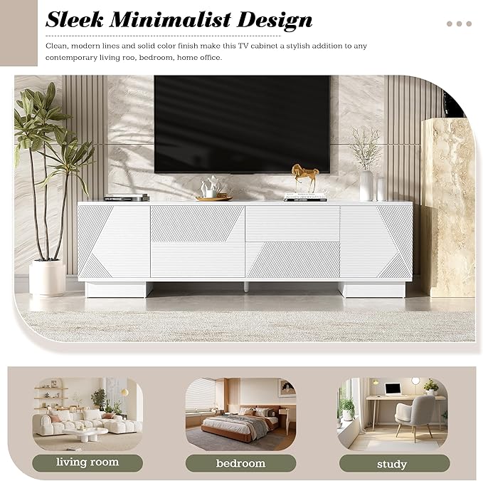 Merax 70.8 inch Modern TV Stand for TVs up to 75 Inches, Entertainment Center with Storage Cabinets & 4 Drawers, Minimalist Media Console with Metal Center Leg & Anti-Tip Device for Living Room, White