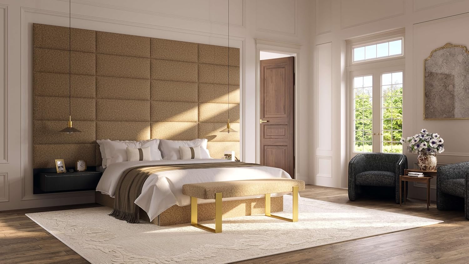 VANT Upholstered Bed Bench, Boucle Grey, Matte Black