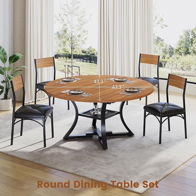 Itaar Round Extendable Dining Table Set for 4-6 People, 5-Piece Kitchen Table Set with 4 Cushion Chairs, Dining Room Table for 6 with MDF Board & Metal Frame for Small Space, Easy Clean, Brown