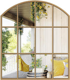 Wide Window Pane Mirror, 28" x 32" Gold Arched Mirrors for Wall, Brass Grid Wall Large Decorative Mirror for Living Room Bedroom Farmhouse Fireplace Hallway Entryway