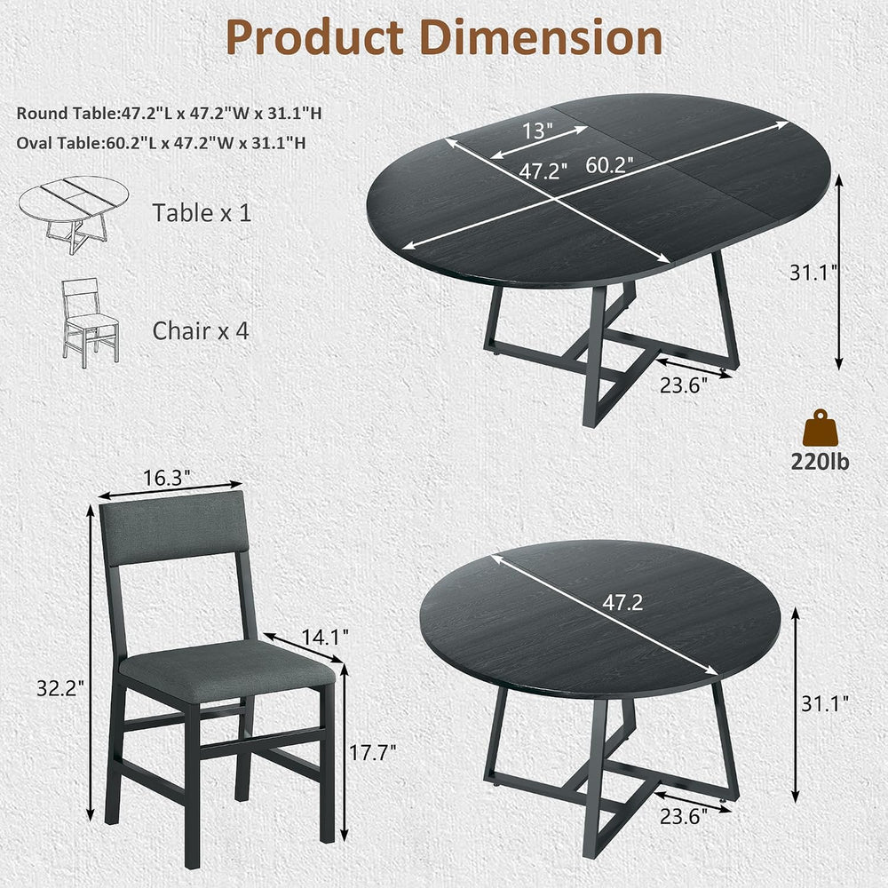 HUAHUU 60" Dining Table Set for 4-8, 5-Piece Extendable Round to Oval Ki...