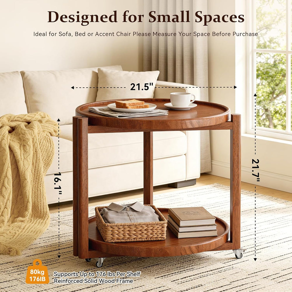 Taitiy Rolling Side Table with Wheels Solid Wood Round End Table with Storage...