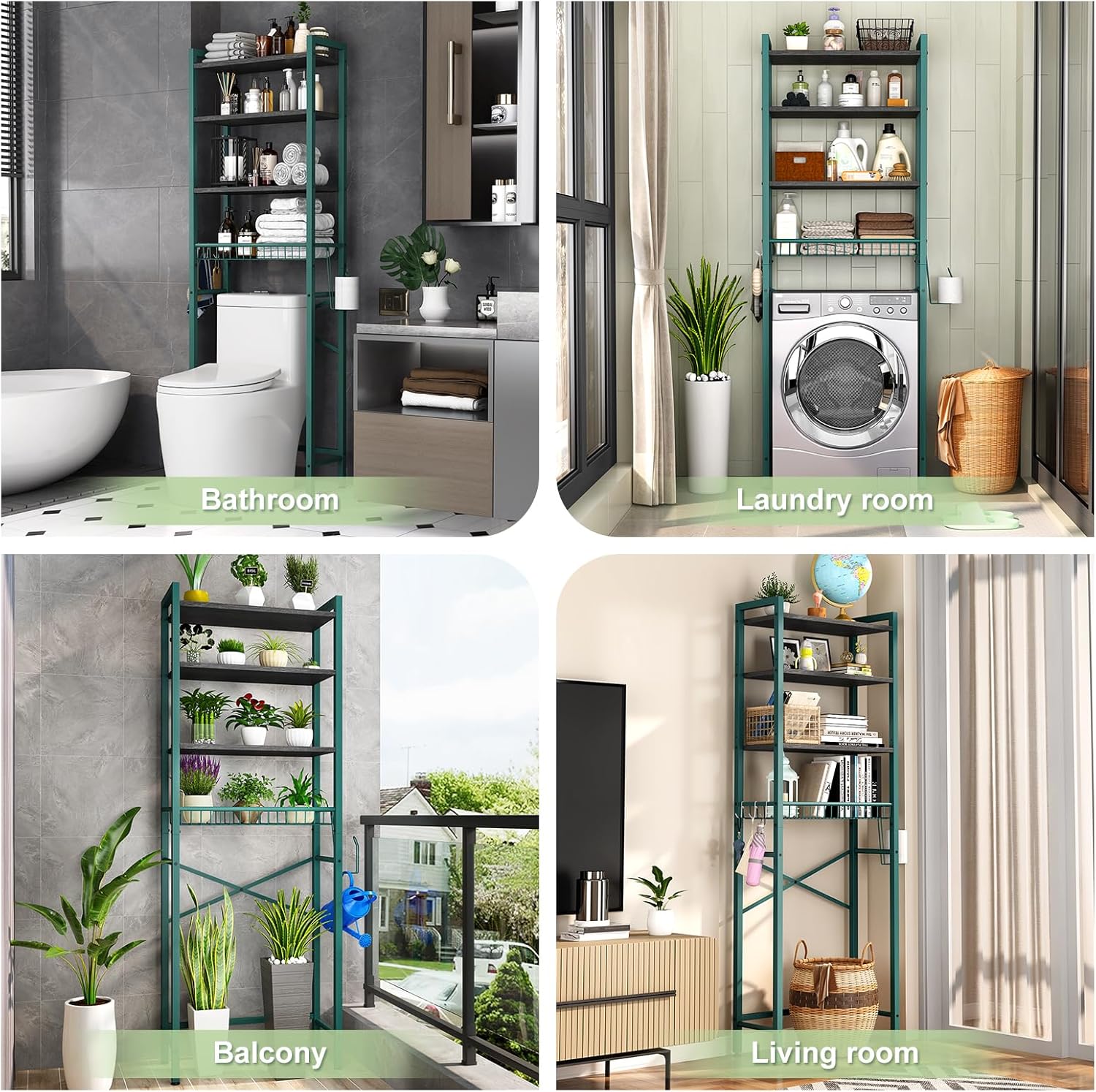 Over-The-Toilet Storage Rack, 4-Tier Bathroom Organizer Shelf Over Toilet with Adjustable Shelf and Basket, Freestanding Space Saver Bathroom Shelves Above Toilet for Room (Green- Black)