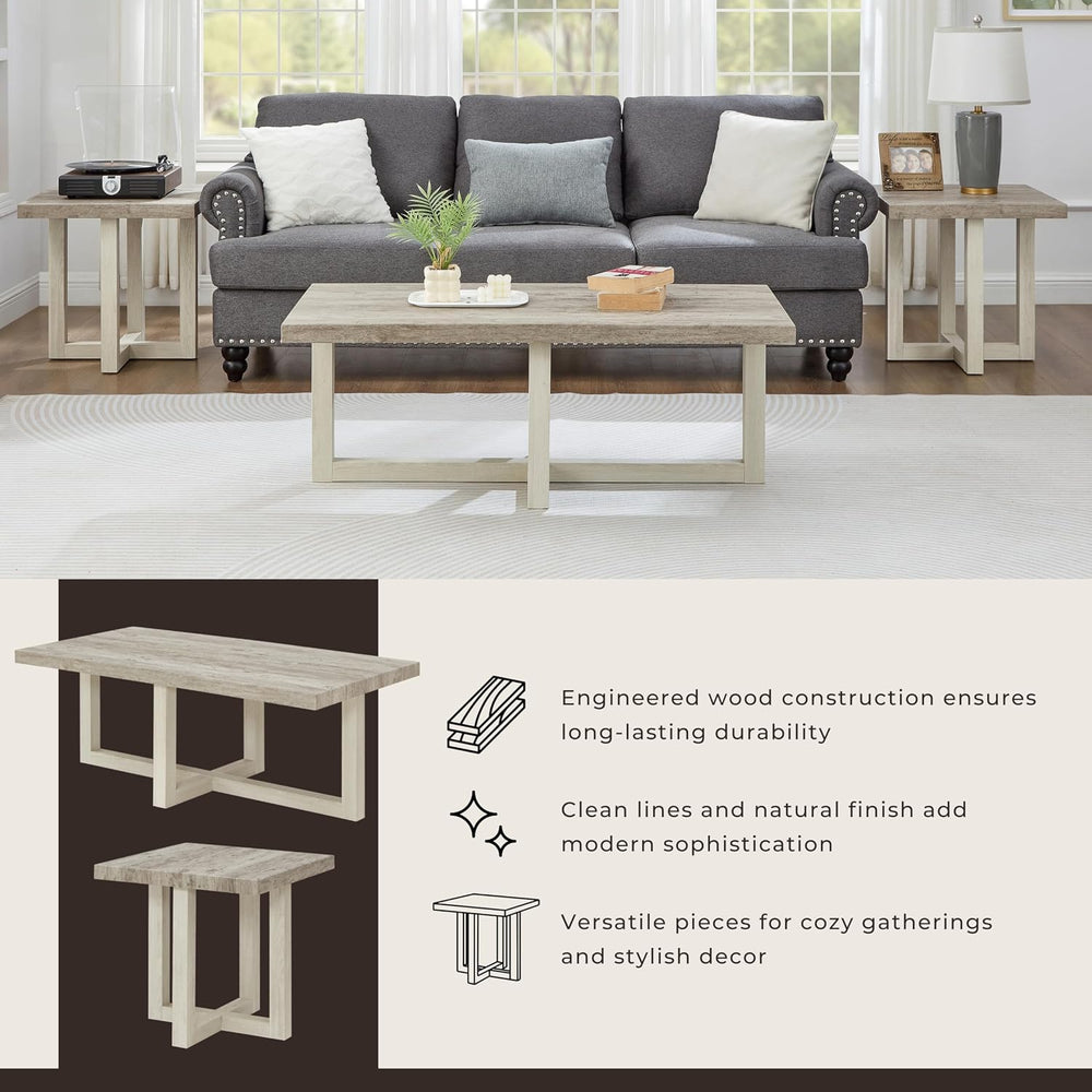 Roundhill Furniture Luno 3-Piece Coffee Table Set, Coffee Table and Two End T...
