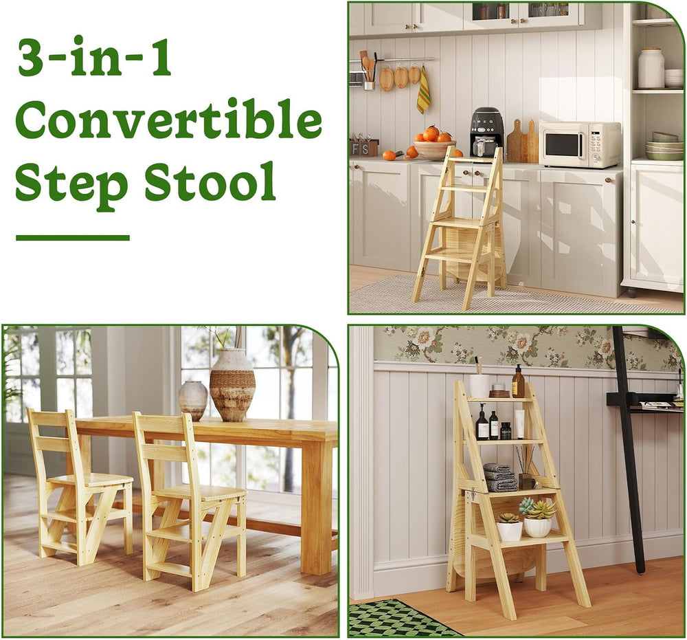 Library Ladder 4 Tier Folding Step Stool Chair 3-in-1 Multi-Functional Wood S...
