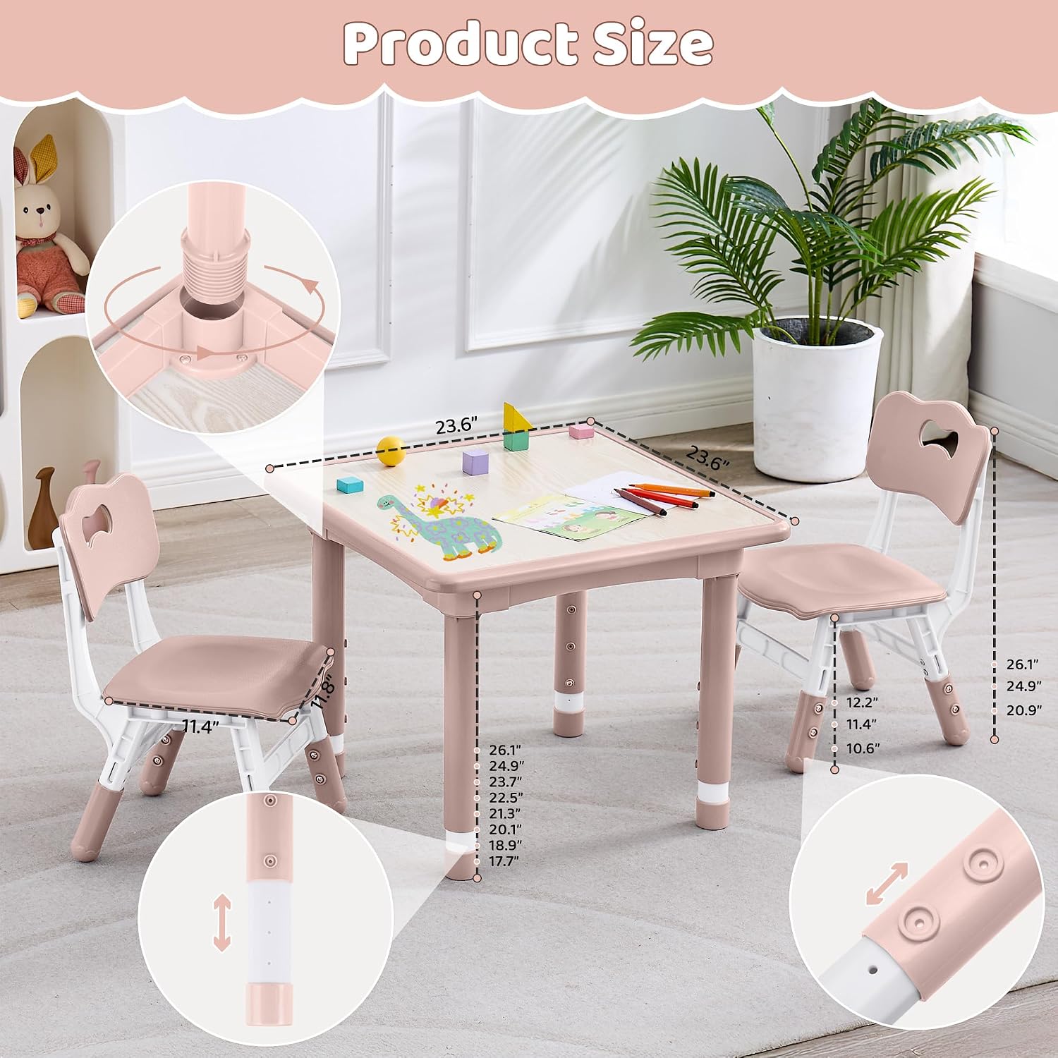 DOREROOM Kids Table & 2 Chairs, Height Adjustable (17.7"-26.1"), Pink-W | Graffiti Desktop,Table Supports 300 lbs,Toddler Ages 3-8，Children Multi-Activity Table Set for Playroom, Daycare, Classroom