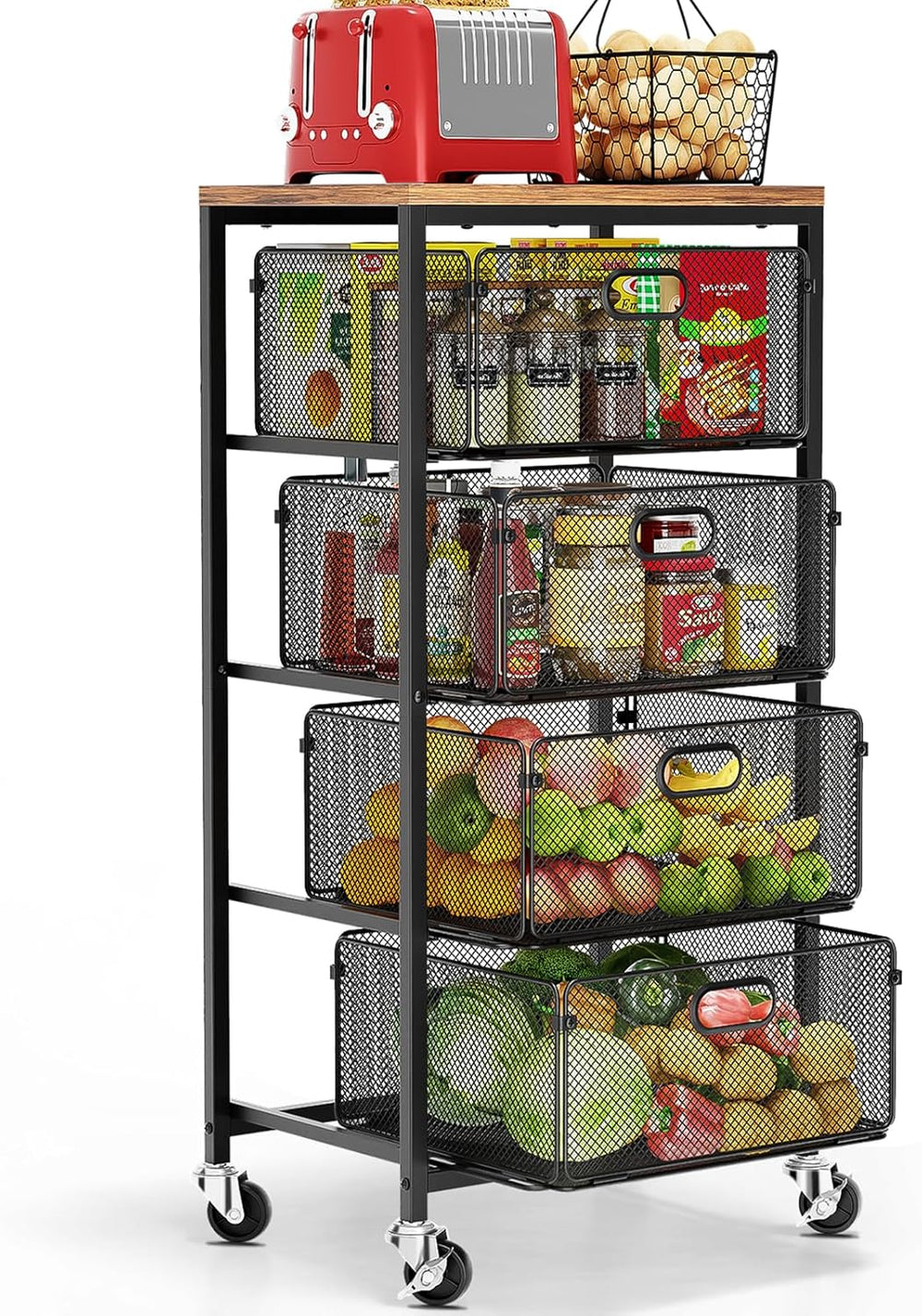 Goovilla Kitchen Cart with Drawers, 4 Tier Metal Rolling Utility Cart Organiz...