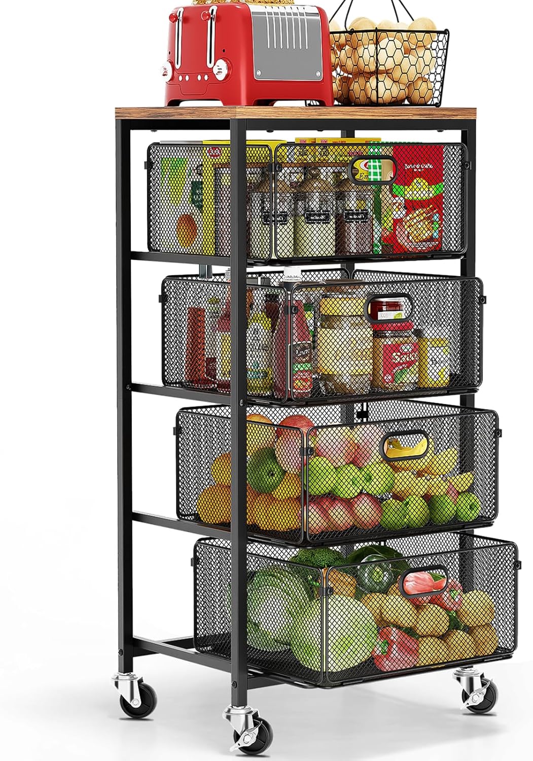 Goovilla Kitchen Cart with Drawers, 4 Tier Metal Rolling Utility Cart Organizer on Lockable Wheels with Wooden Top, Black Fruit Vegetable Storage Rack Also for Cans, Snack, Craft, Art, Office, Beauty